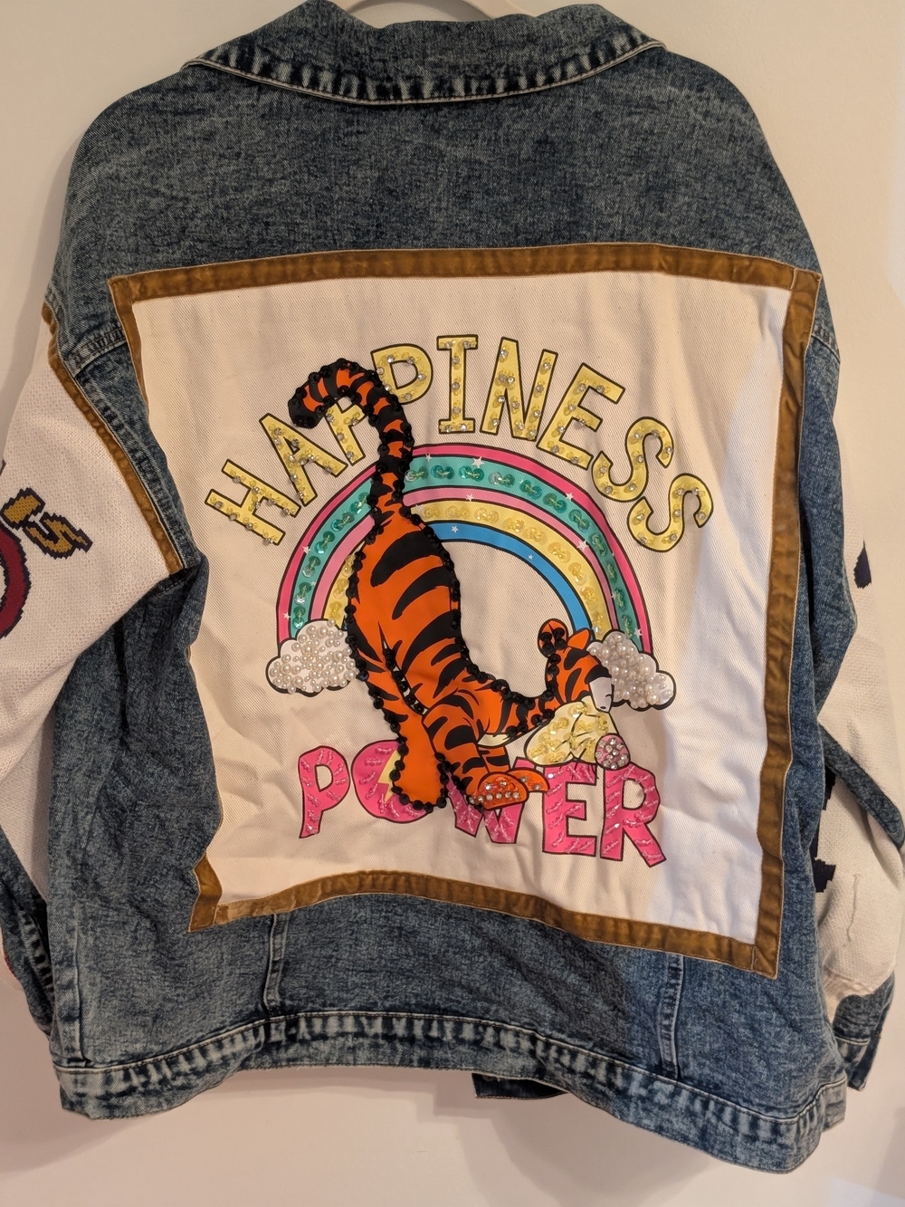 Women's' Blue Denim Jacket with 'Happiness Power' Tiger Patch